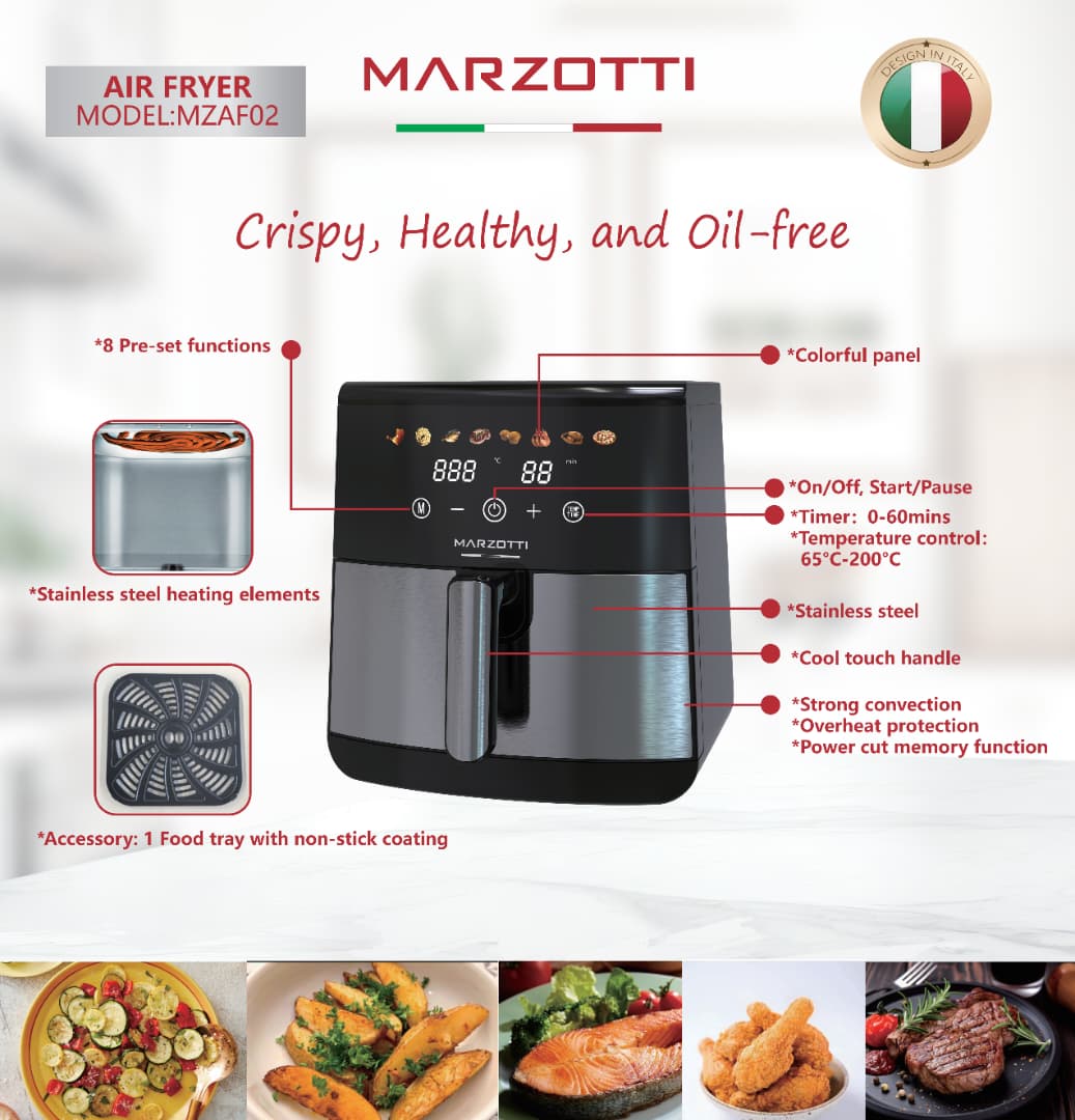 NEW Marzotti Air Fryer 1700W 8L Stainless Steel Colorful Touch Panel