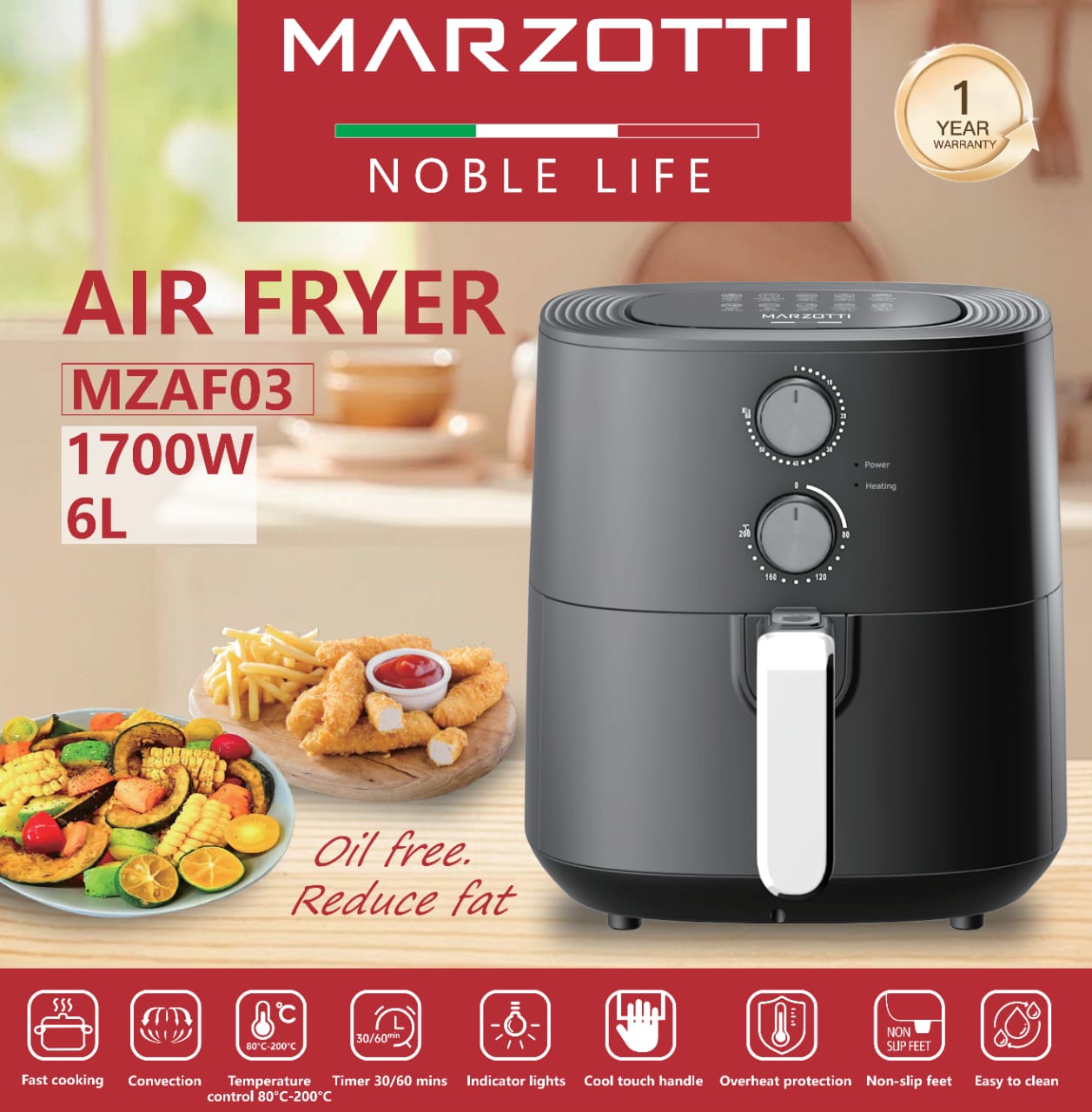 Marzotti AIR FRYER 1700W 6L Heat Convection Stainless Steel Elements Oil Free