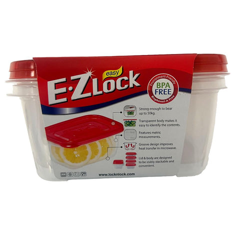 LocknLock EzLock 1320ml Rectangular Food Storage Containers – Set of 2, Stackable & Microwave-Safe
