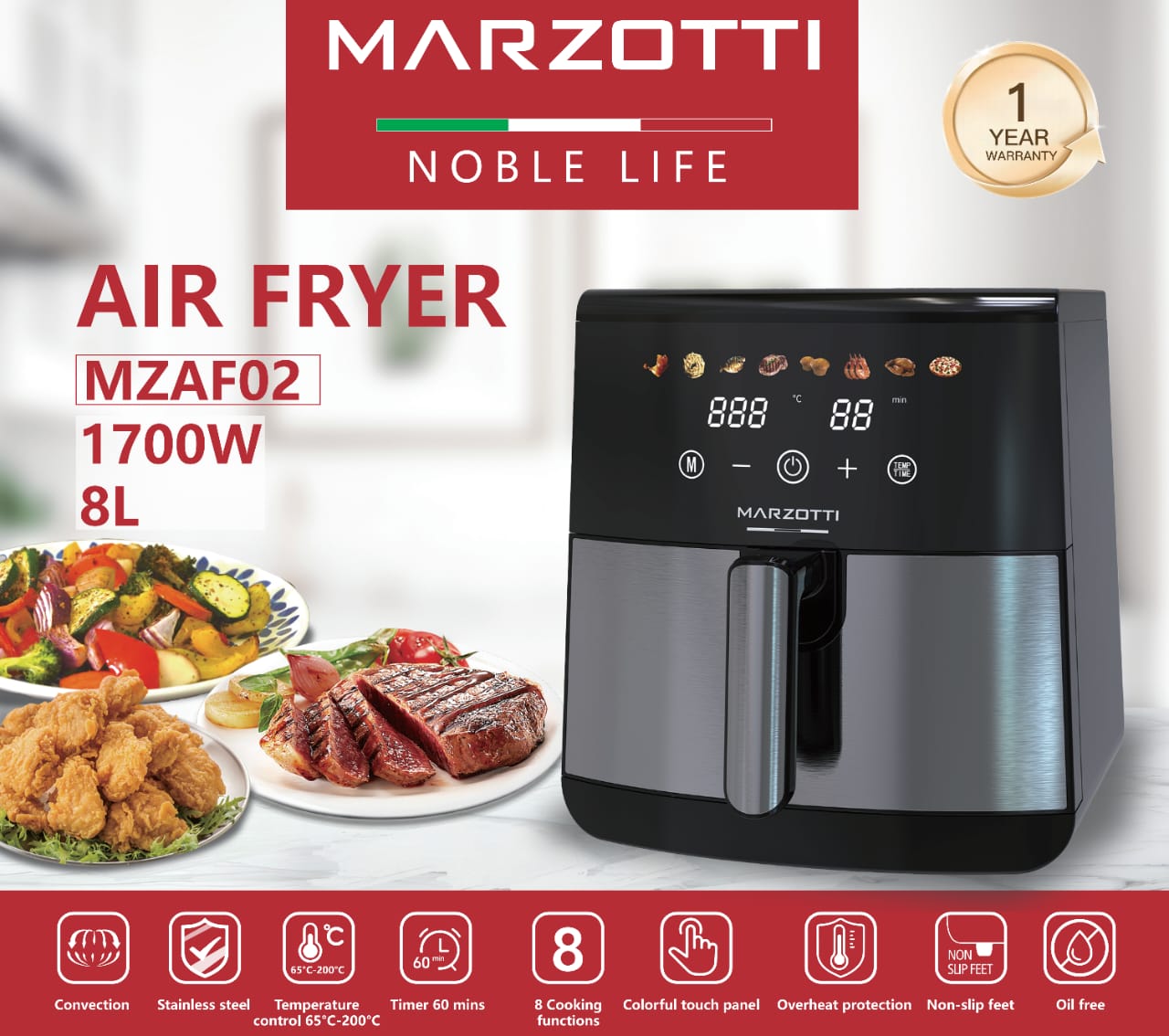 NEW Marzotti Air Fryer 1700W 8L Stainless Steel Colorful Touch Panel