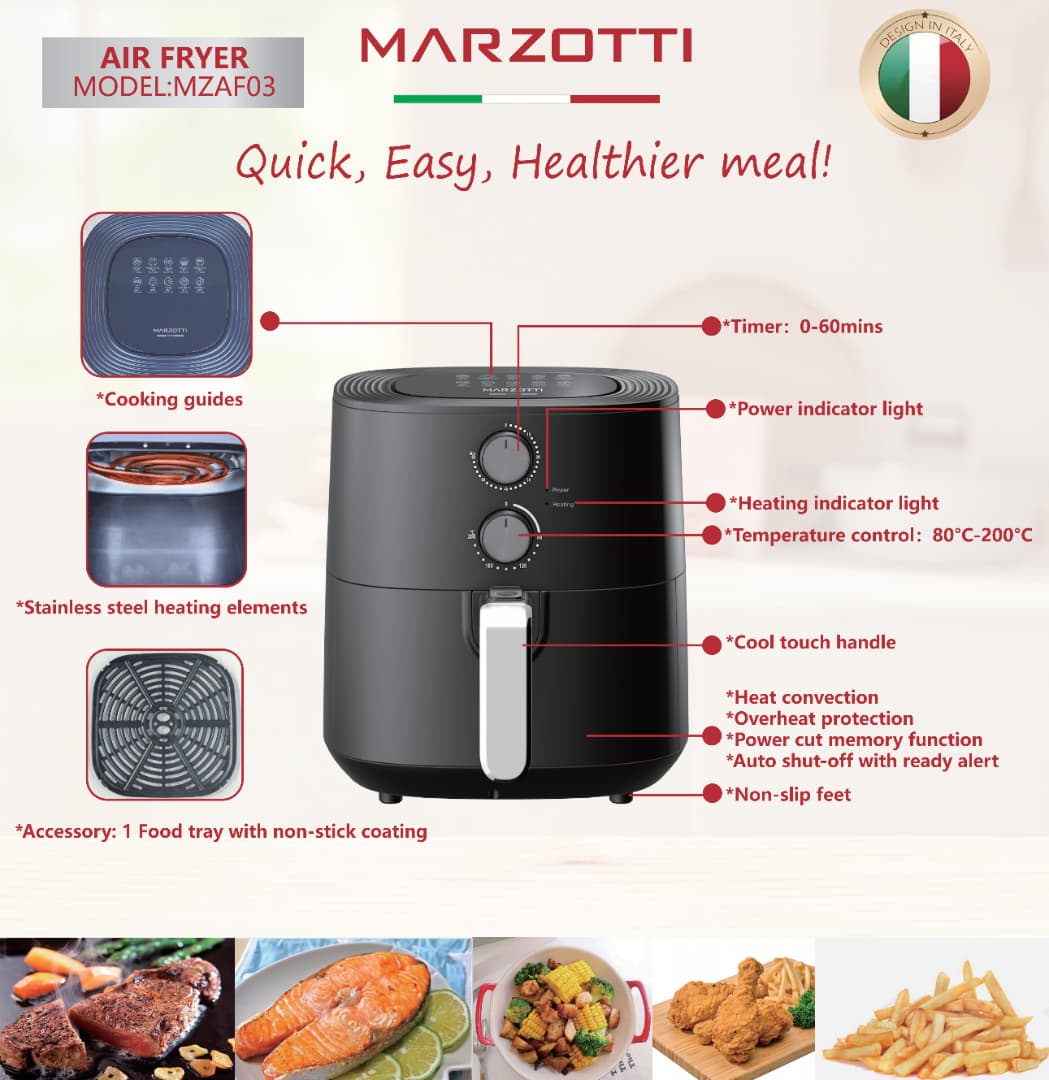 Marzotti AIR FRYER 1700W 6L Heat Convection Stainless Steel Elements Oil Free