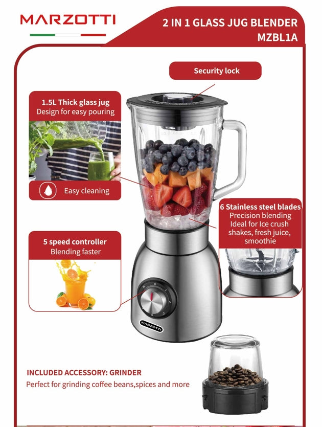 Marzotti 2 In 1 Thick Glass Jug Blender 1000W 1.5L 6 Stainless Steel Blades 5-speed