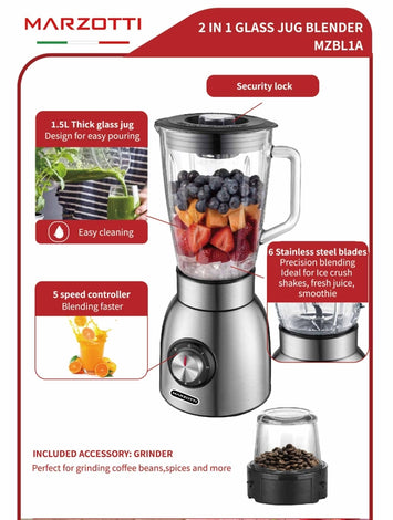 Marzotti 2 In 1 Thick Glass Jug Blender 1000W 1.5L 6 Stainless Steel Blades 5-speed