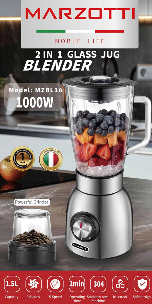 Marzotti 2 In 1 Thick Glass Jug Blender 1000W 1.5L 6 Stainless Steel Blades 5-speed