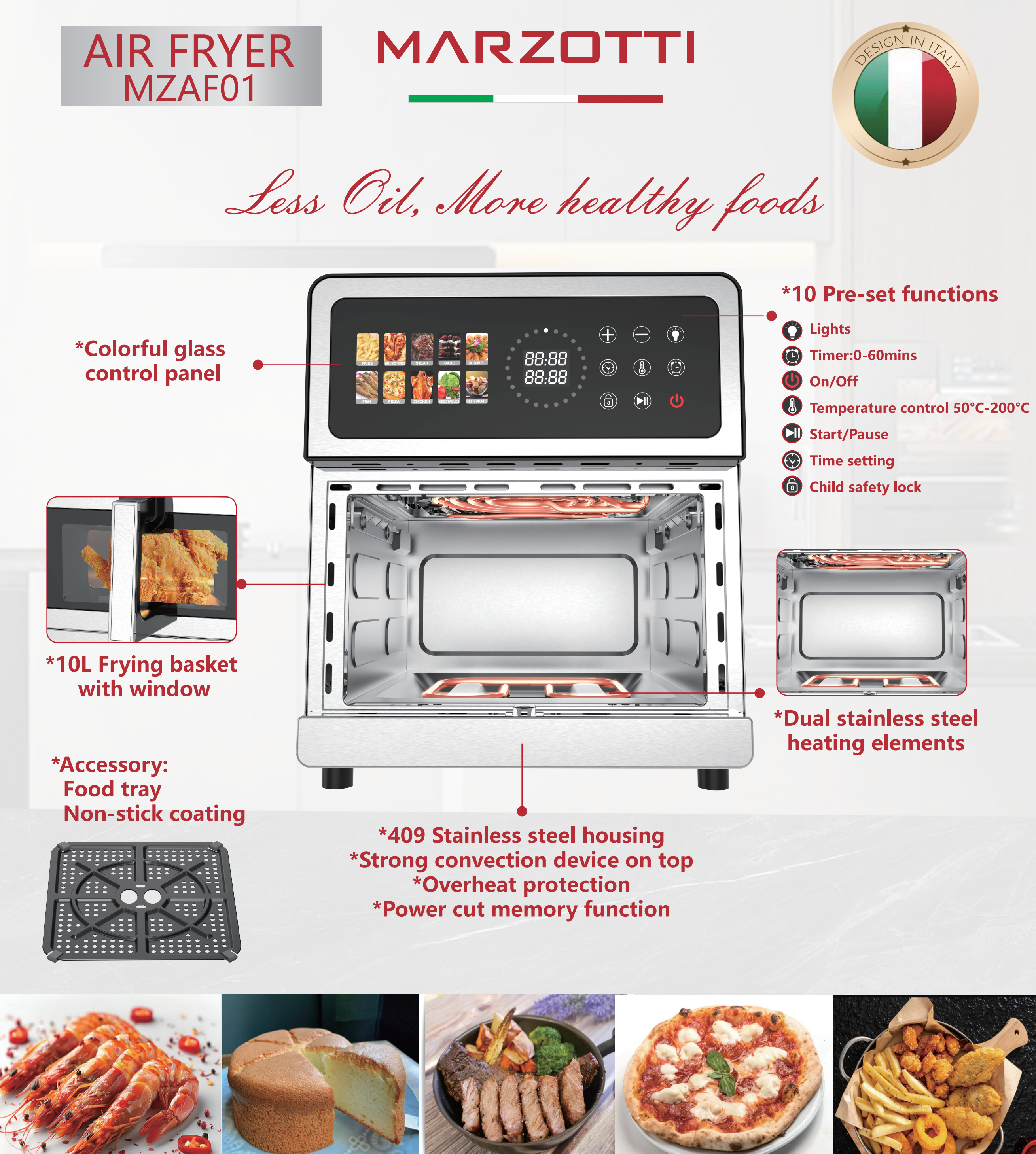 Marzotti Air Fryer 10L 1950W Stainless Steel Colorful Glass Panel 10 Functions Visual Tray