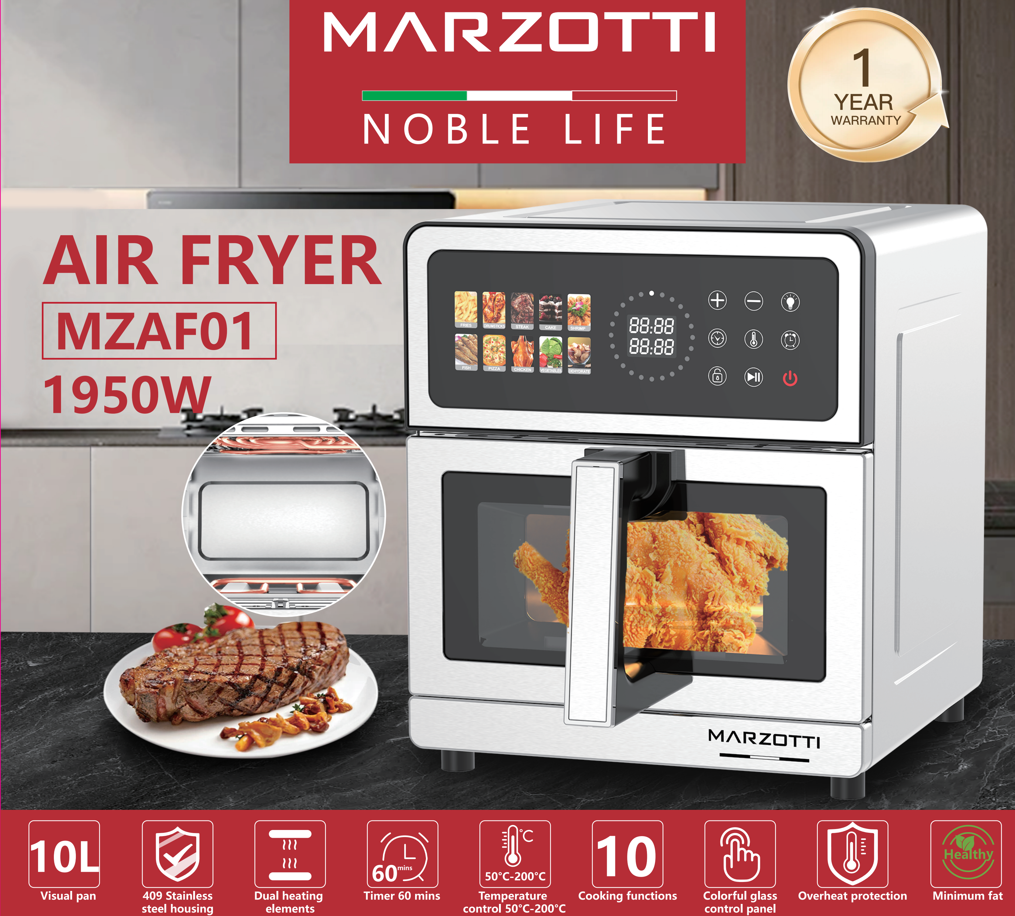 Marzotti Air Fryer 10L 1950W Stainless Steel Colorful Glass Panel 10 Functions Visual Tray